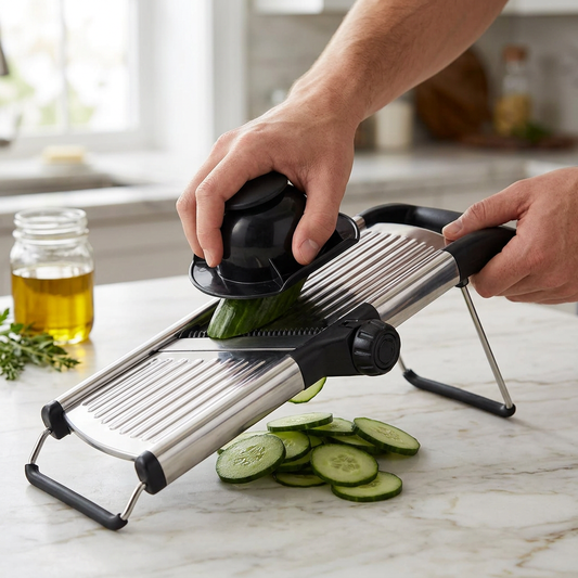 Mandoline professionnelle inox réglable 1 à 9 mm, en cours d'utilisation