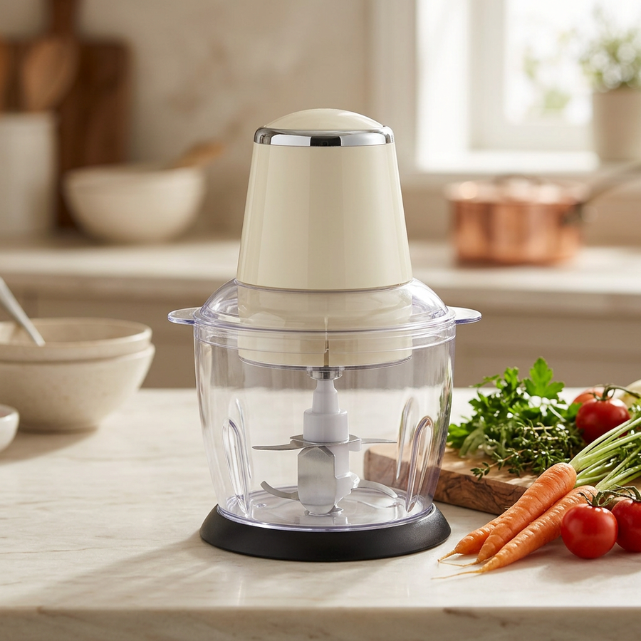 Mini hachoir électrique 750 ml 300 W crème, en situation dans la cuisine