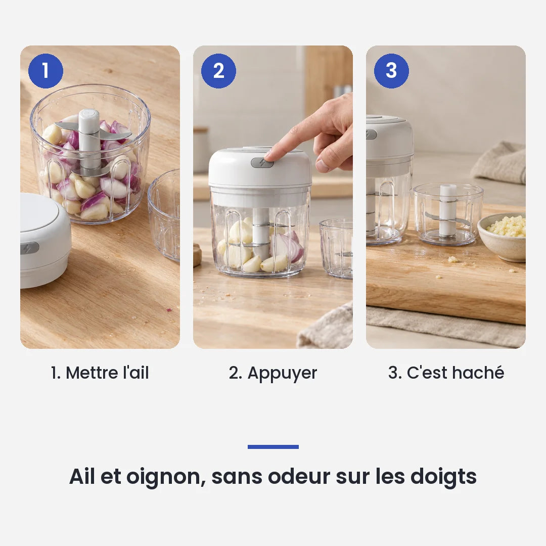 Comment utiliser le mini hachoir électrique blanc 30W 100 + 250 ml en 3 étapes : mettre l'ail, appuyer, c'est haché
