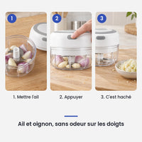 Comment utiliser le mini hachoir électrique blanc 30W 100 ml plastique en 3 étapes : mettre l'ail, appuyer, c'est haché