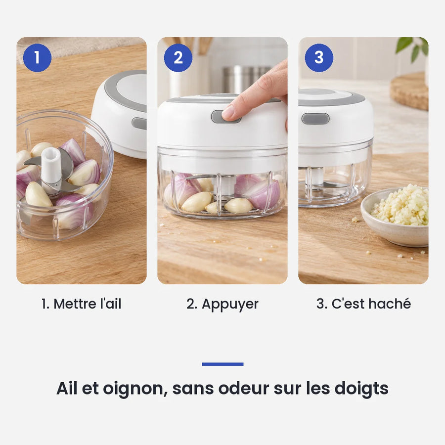 Comment utiliser le mini hachoir électrique blanc 30W 100 ml plastique en 3 étapes : mettre l'ail, appuyer, c'est haché