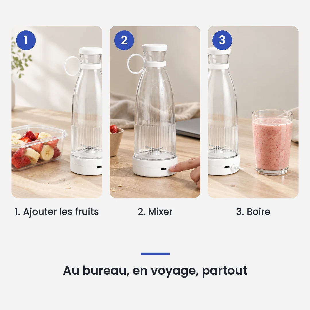 Comment utiliser le mini hachoir électrique blanc portable 6 lames en 3 étapes : ajouter les fruits, mixer, boire