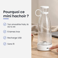 Pourquoi choisir ce mini hachoir : ton smoothie frais, là où tu es, 6 lames inox, recharge USB, sans fil