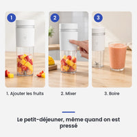 Comment utiliser le mini hachoir électrique portable MIJIA 300 ml en 3 étapes : ajouter les fruits, mixer, boire