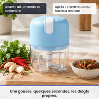 Avant/après avec ce mini hachoir : ail, piments et coriandre, puis chermoula ou harissa maison