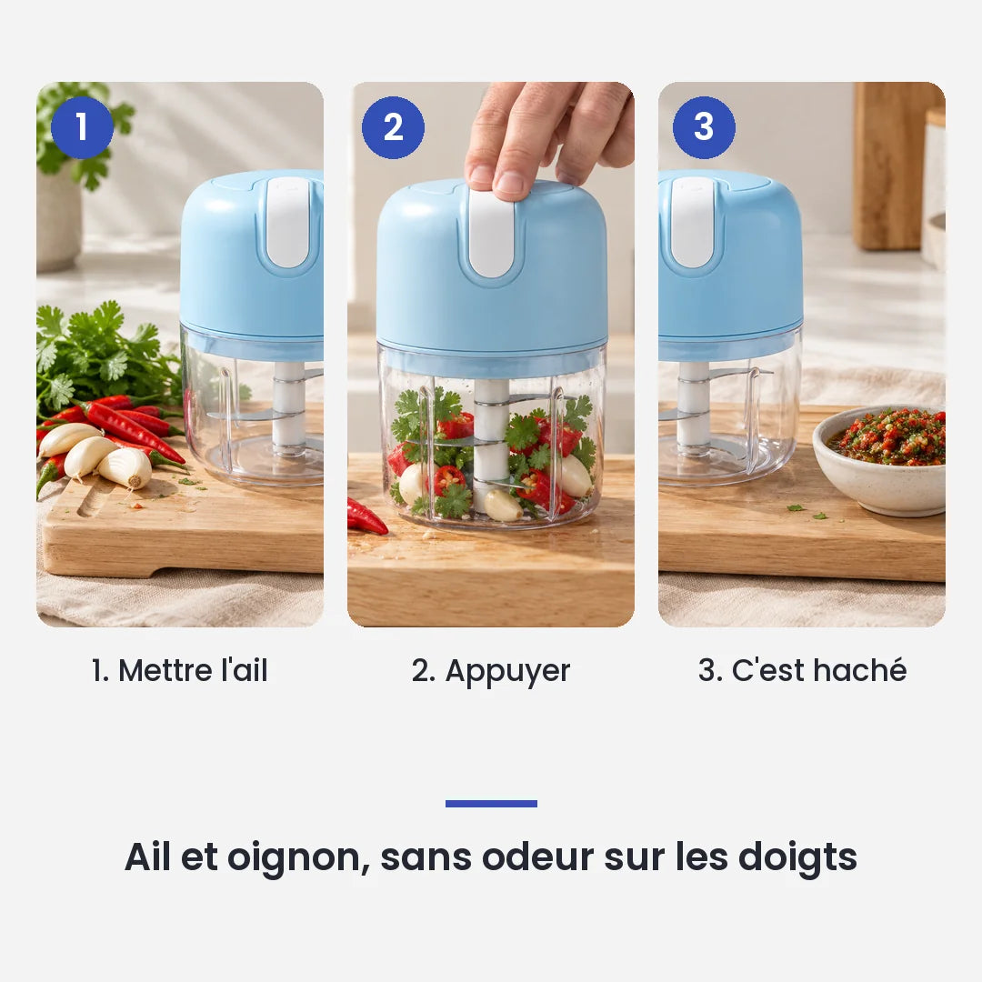 Comment utiliser le mini hachoir électrique portable USB bleu ail en 3 étapes : mettre l'ail, appuyer, c'est haché