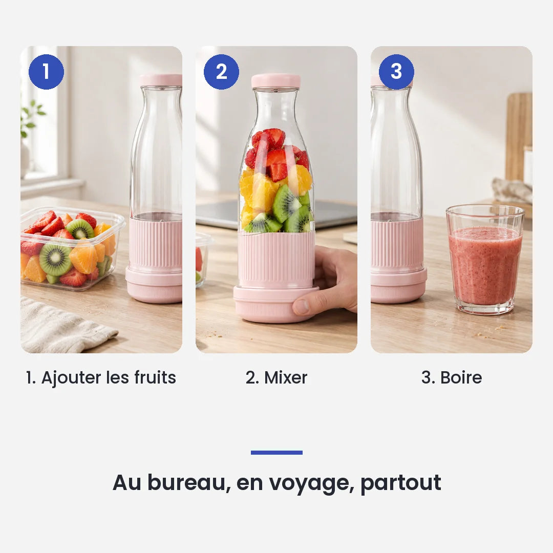 Comment utiliser le mini hachoir électrique rose portable 6 lames en 3 étapes : ajouter les fruits, mixer, boire
