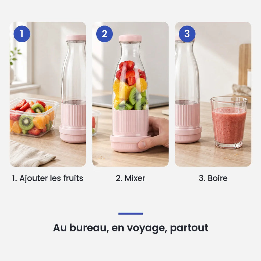Comment utiliser le mini hachoir électrique rose portable 6 lames en 3 étapes : ajouter les fruits, mixer, boire