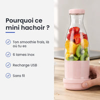 Pourquoi choisir ce mini hachoir : ton smoothie frais, là où tu es, 6 lames inox, recharge USB, sans fil