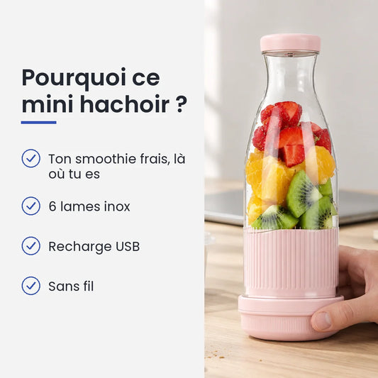 Pourquoi choisir ce mini hachoir : ton smoothie frais, là où tu es, 6 lames inox, recharge USB, sans fil