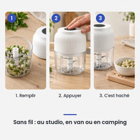 Comment utiliser le mini hachoir électrique USB 250 ml blanc – ail en 3 étapes : remplir, appuyer, c'est haché