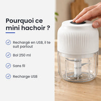 Pourquoi choisir ce mini hachoir : rechargé en USB, il te suit partout, bol 250 ml, sans fil, recharge USB