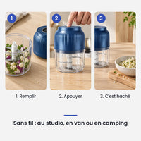 Comment utiliser le mini hachoir électrique USB 250 ml bleu foncé – ail en 3 étapes : remplir, appuyer, c'est haché