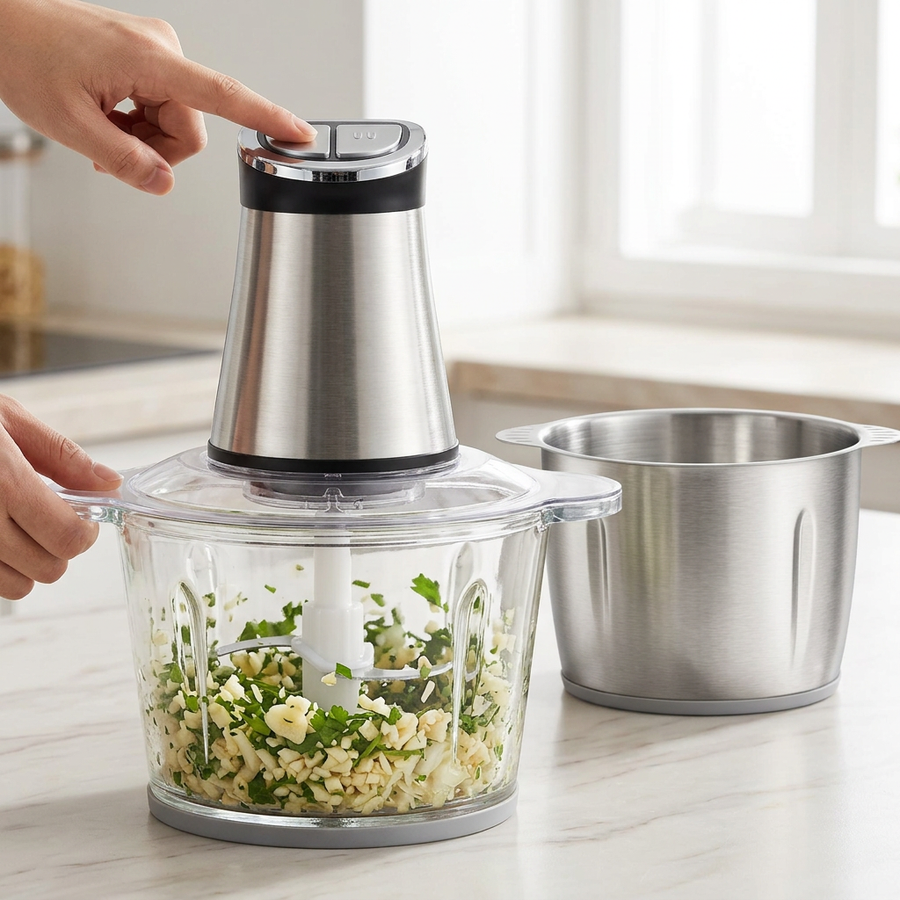 Mini hachoir électrique 300 W, bols inox et verre, en cours d'utilisation
