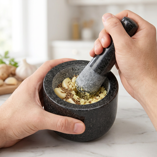Petit mortier et pilon en granit 100 ml, en cours d'utilisation