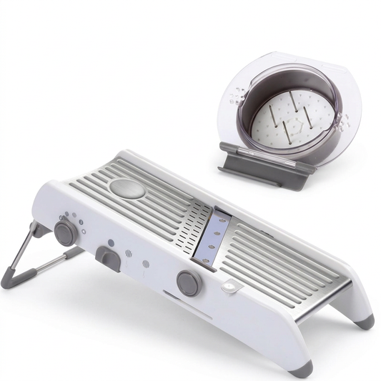 Mandoline réglable 18 coupes avec poussoir, vue produit sur fond blanc