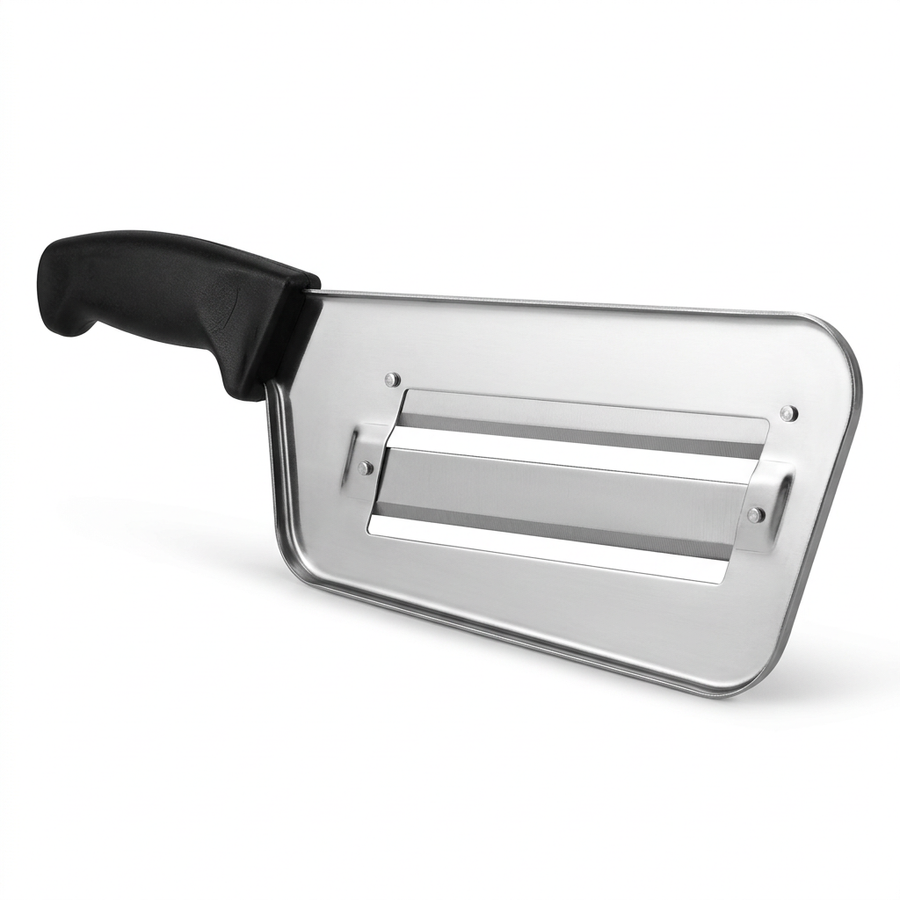 Trancheuse à chou inox à large lame, vue produit sur fond blanc