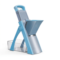 Mandoline verticale avec bac de récupération bleue, vue produit sur fond blanc