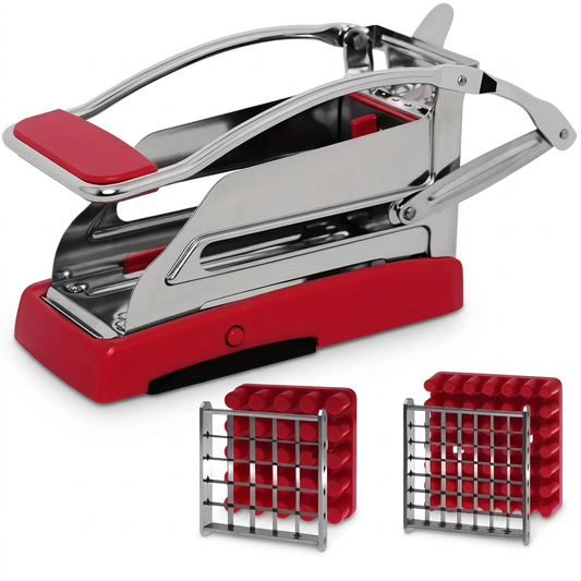 Coupe-frites inox à base ventouse, 2 lames, vue produit sur fond blanc