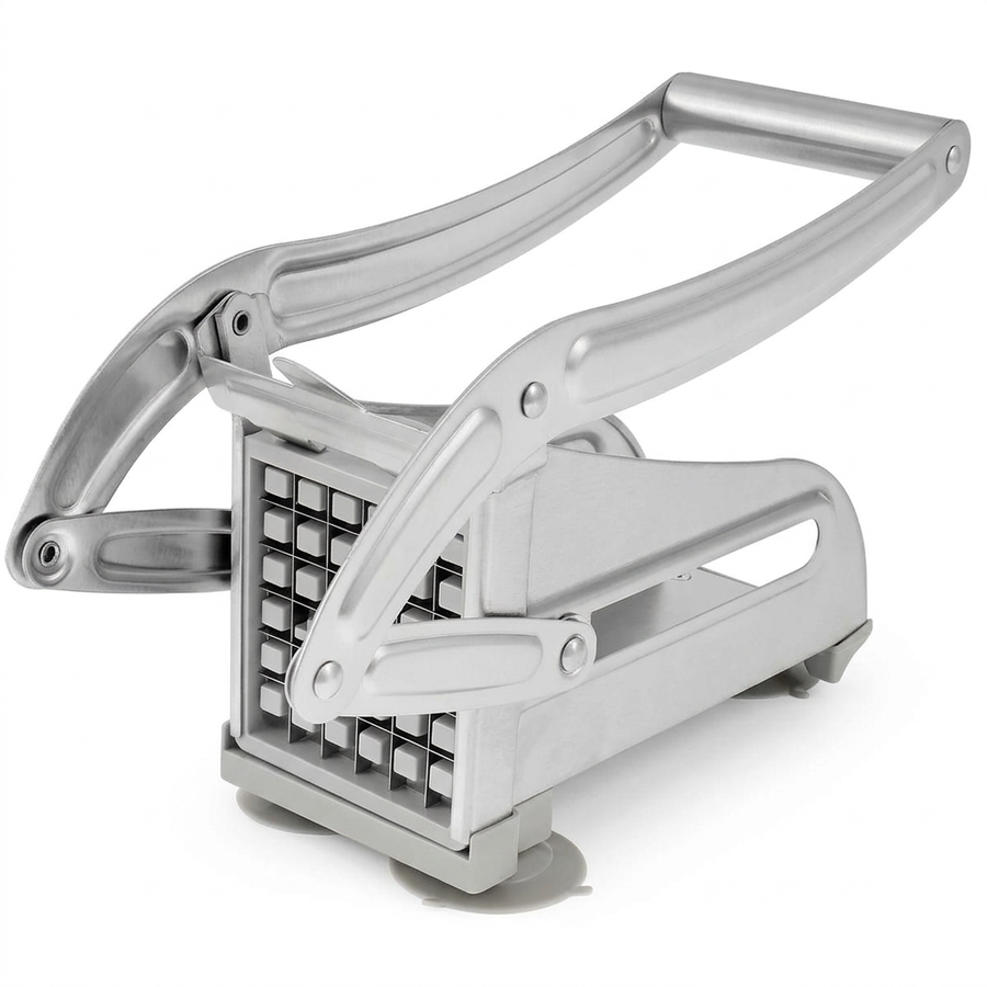 Coupe-frites manuel inox à levier, 2 grilles, vue produit sur fond blanc