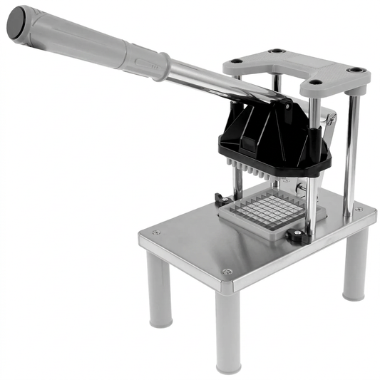 Coupe-frites professionnel inox sur pieds, 2 grilles, vue produit sur fond blanc