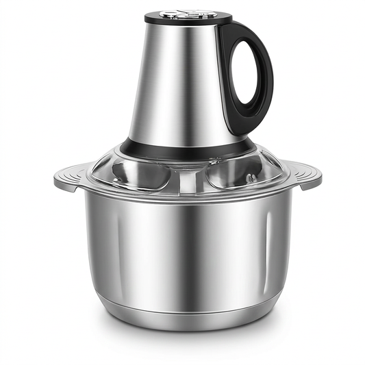 Hachoir électrique inox 5 L 500 W à poignée, 5 lames, vue produit sur fond blanc