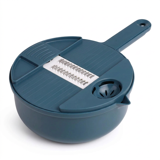 Hachoir à légumes 9 en 1 bleu avec égouttoir, vue produit sur fond blanc