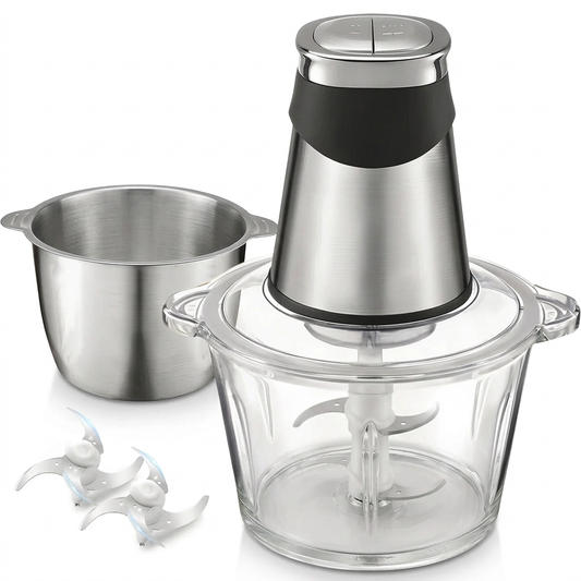 Hachoir électrique 2 bols, verre 1,8 L et inox 2 L, vue produit sur fond blanc