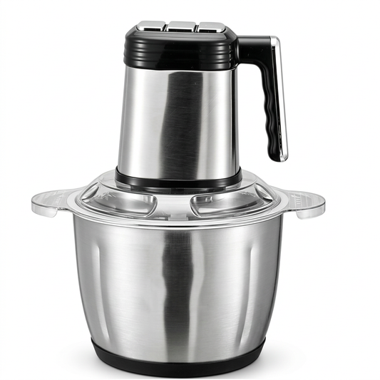 Hachoir électrique inox 3 L, 3 vitesses, verrou de sécurité, vue produit sur fond blanc