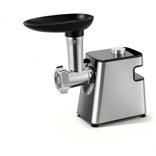 Hachoir à viande électrique 4 en 1 inox, tambours râpe et trancheuse, vue produit sur fond blanc