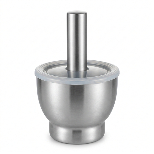 Mortier et pilon inox 304, base antidérapante, vue produit sur fond blanc