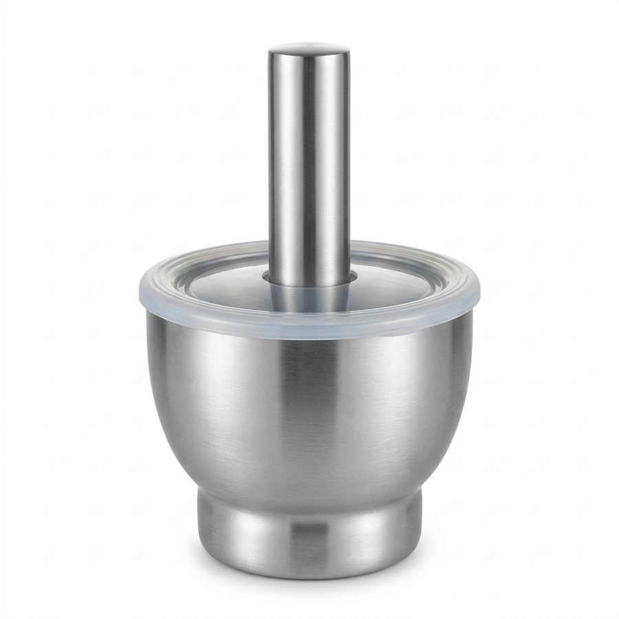 Mortier et pilon inox 304, base antidérapante, vue produit sur fond blanc
