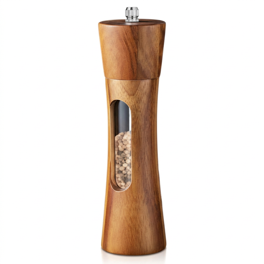 Moulin à poivre en bois massif à hublot, réglable, vue produit sur fond blanc