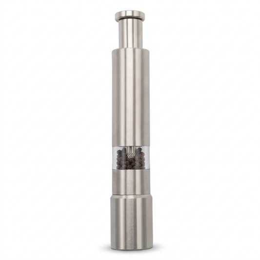 Moulin à poivre inox à poussoir, une main, vue produit sur fond blanc