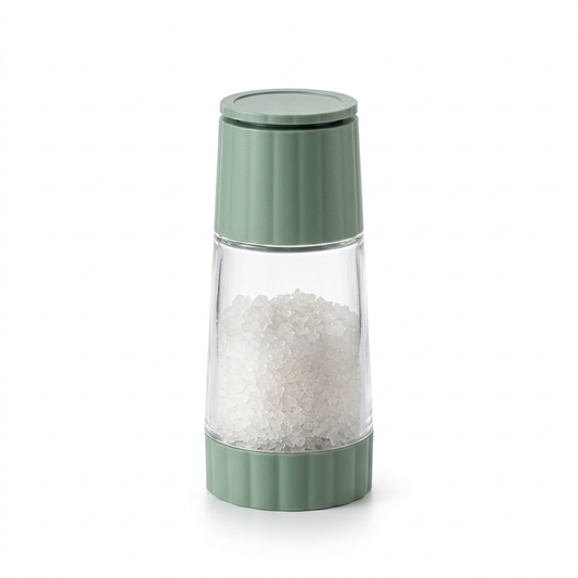 Moulin à sel rotatif, pot en verre et capot vert, vue produit sur fond blanc