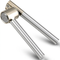 Stainless steel garlic press with tubular handles and removable basket