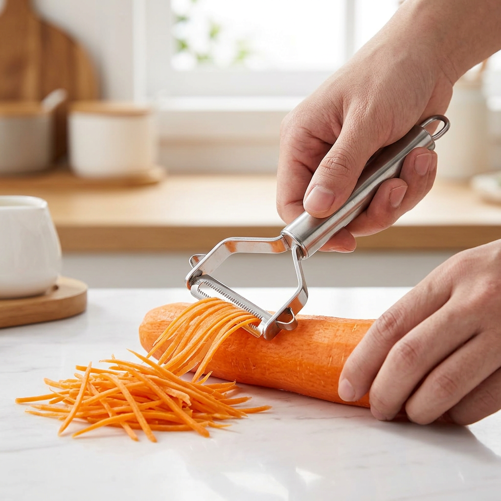Éplucheur-julienne inox 4 en 1, en cours d'utilisation