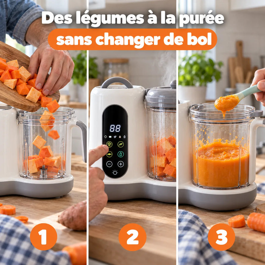 Préparation d’une purée pour bébé en trois étapes dans le même bol