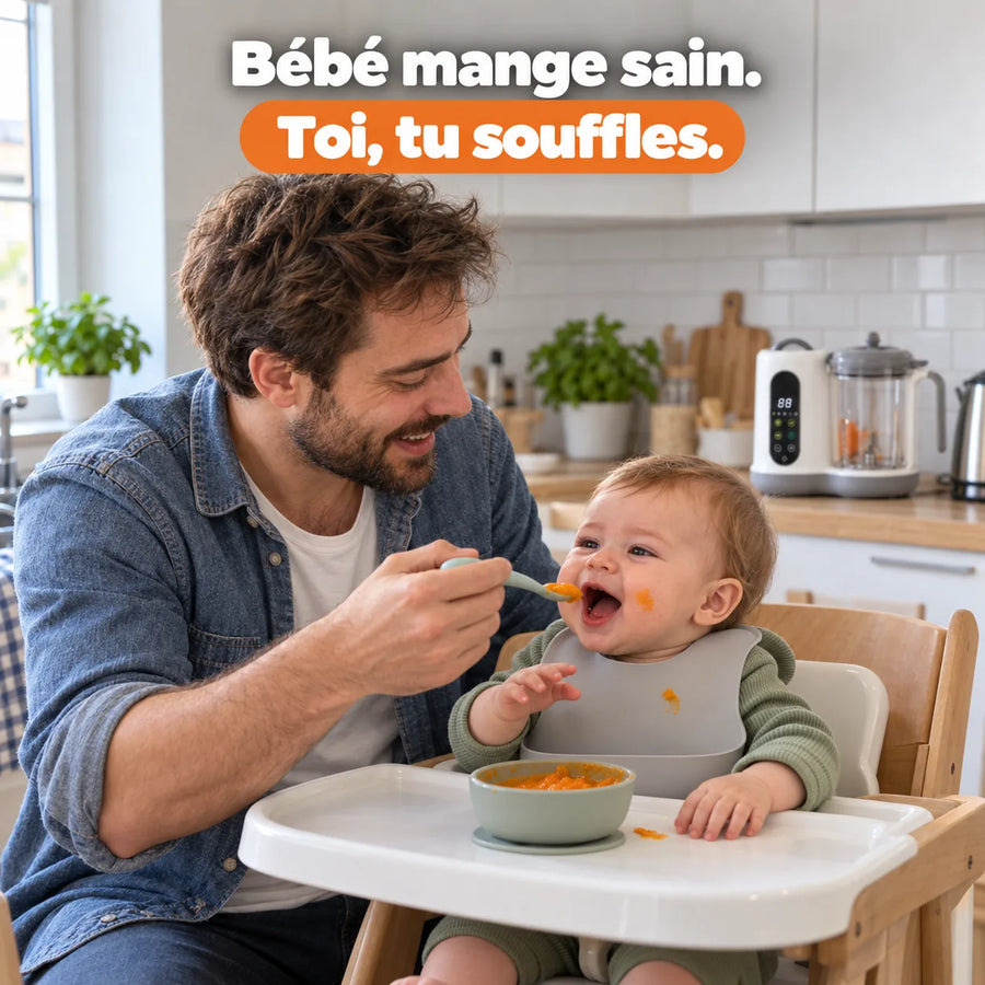 Papa donnant une purée maison à son bébé avec le robot vapeur et mixeur en arrière-plan
